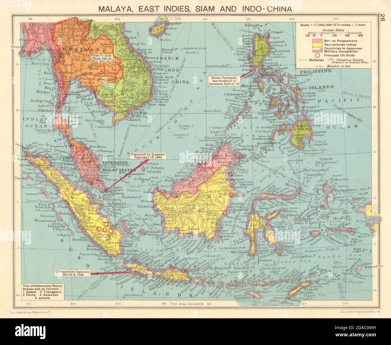 GUERRA MONDIALE 2 giapponesi occupati Filippine Indocina Thailandia Indonesia 1943 mappa Foto Stock
