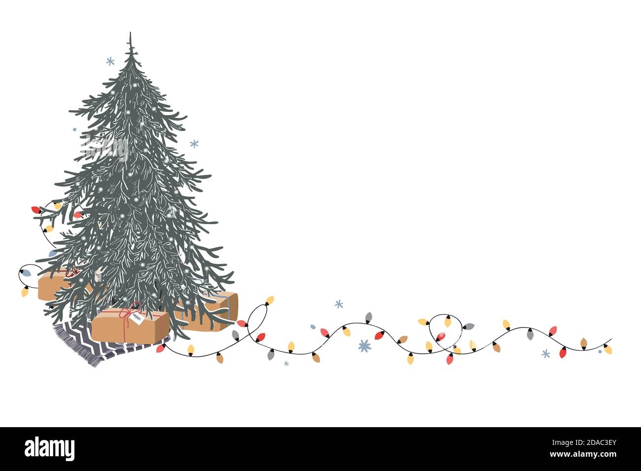 Corner di Natale con posto per il testo. Albero di Natale fresco non decorato, scatola regalo, e luci luminose su sfondo bianco. Biglietto d'auguri per le festività Illustrazione Vettoriale