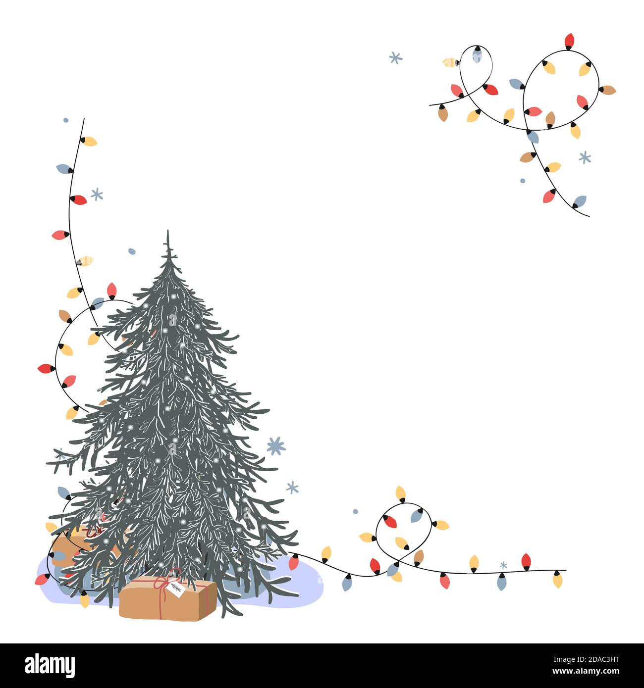 Corner di Natale con posto per il testo. Albero di Natale fresco non decorato, scatola regalo, e luci luminose su sfondo bianco. Biglietto d'auguri per le festività Illustrazione Vettoriale