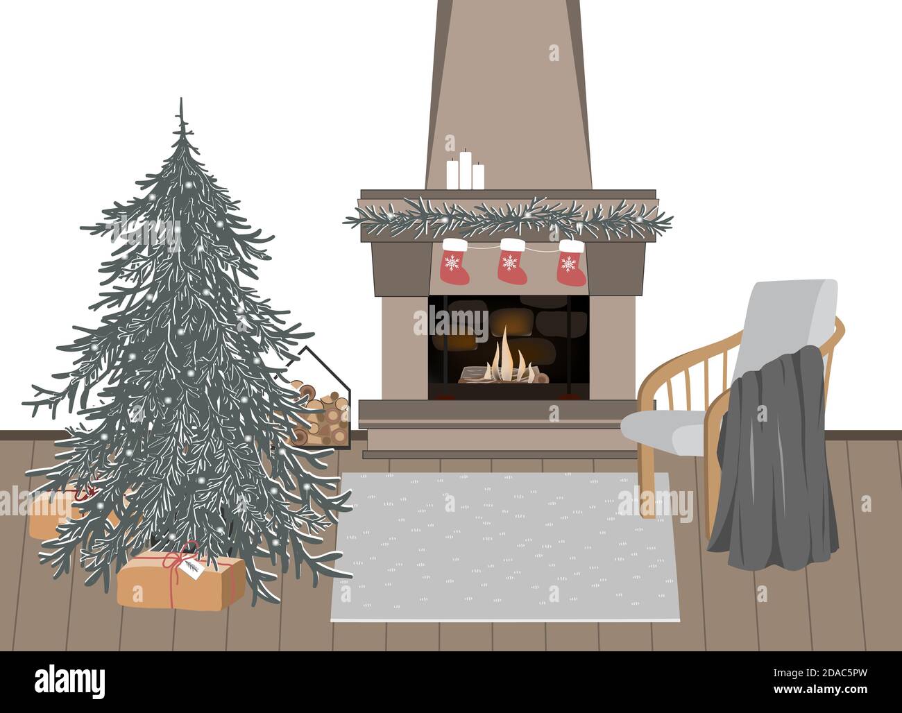 Interni per la celebrazione del nuovo anno, illustrazione vettoriale. Atmosfera festosa di Natale. Intimità a casa, festa di Natale, hygge vacanze invernali. Natale Illustrazione Vettoriale