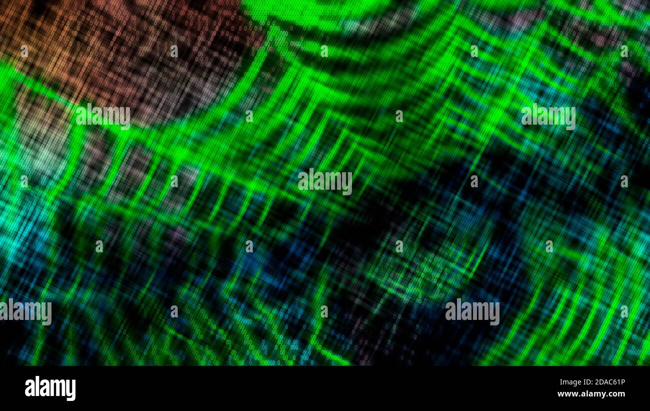Astratto cobweb verde in digitale cyberspazio sfondo scuro. Web trap natura immaginaria in texture artistica con codice dati binario zero in spazio nero. Foto Stock