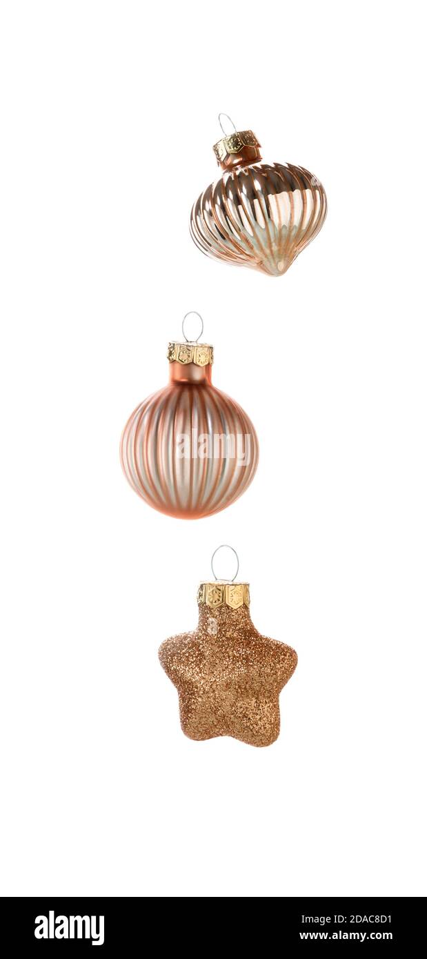 Natale decorazione Natale oro vetro palline di Natale e fiocco di neve lucido, stelle, appendere Foto Stock