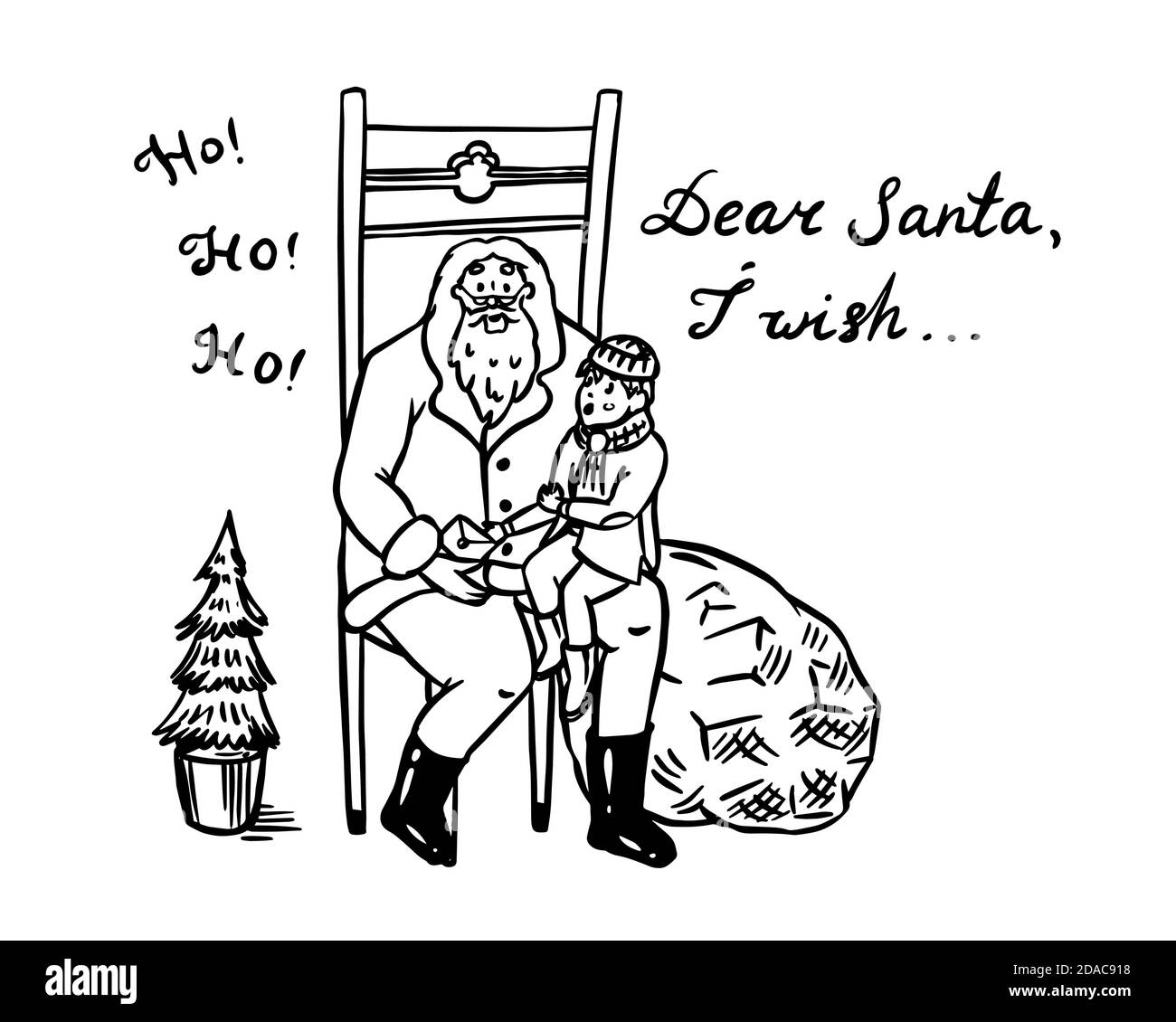 Paesaggio invernale con montagne e neve. La famiglia fa un pupazzo di neve per Natale. Albero e atmosfera accogliente. Schizzo disegnato a mano. Vintage inciso Illustrazione Vettoriale