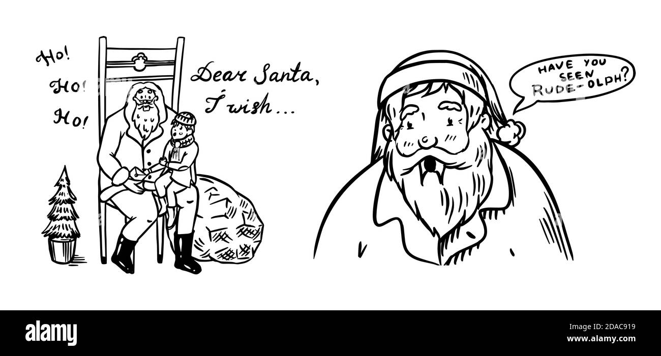 Babbo Natale. Nonno sopportato con un bambino. Il ragazzo fa un desiderio. Simbolo di Natale. Poster o banner per la vacanza. Illustrazione vettoriale per l'etichetta Illustrazione Vettoriale