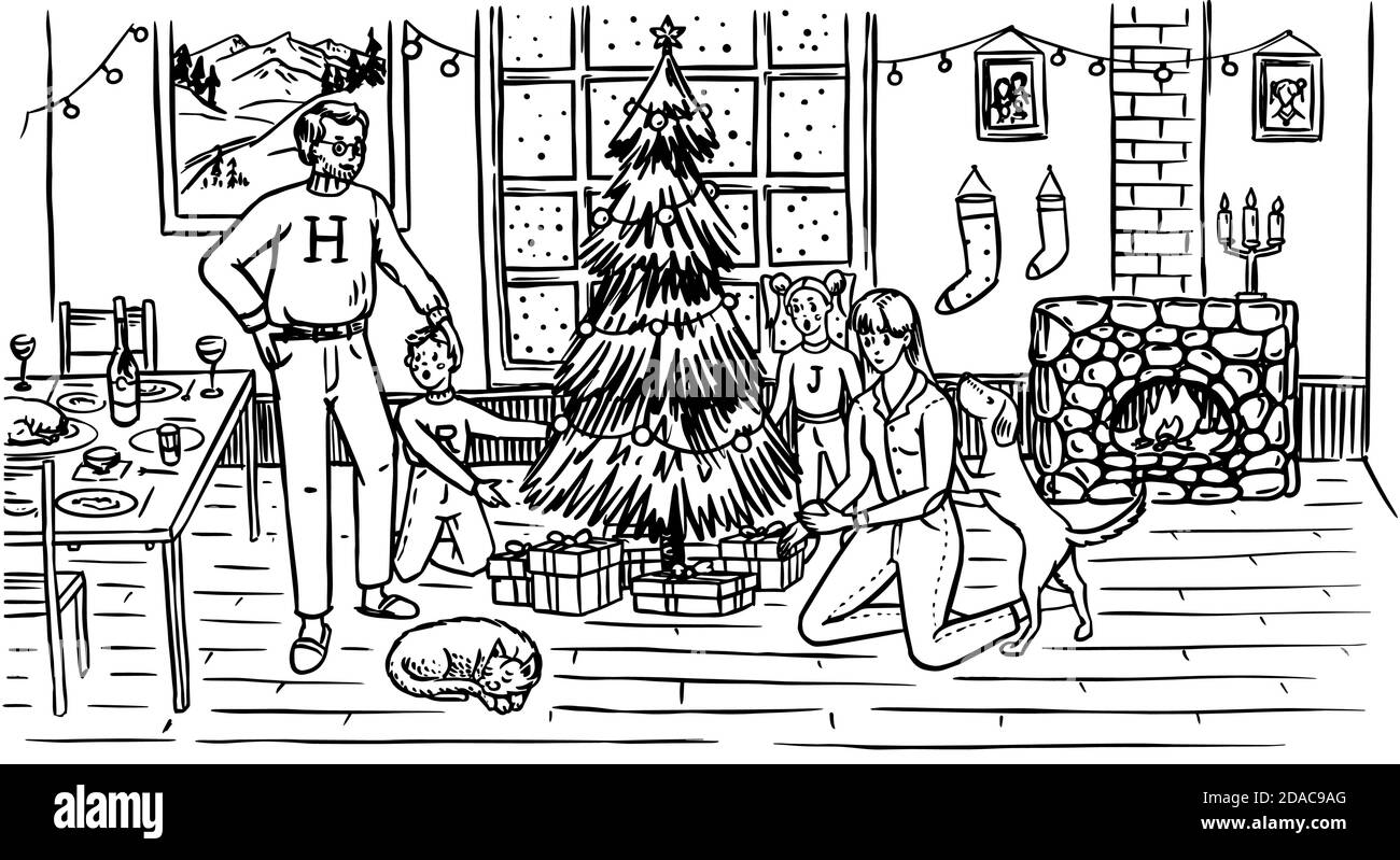 La famiglia sta decorando l'albero per Natale. Mamma papà cane gatto e bambini alla finestra con un camino a casa. Atmosfera accogliente. Concetto invernale Illustrazione Vettoriale
