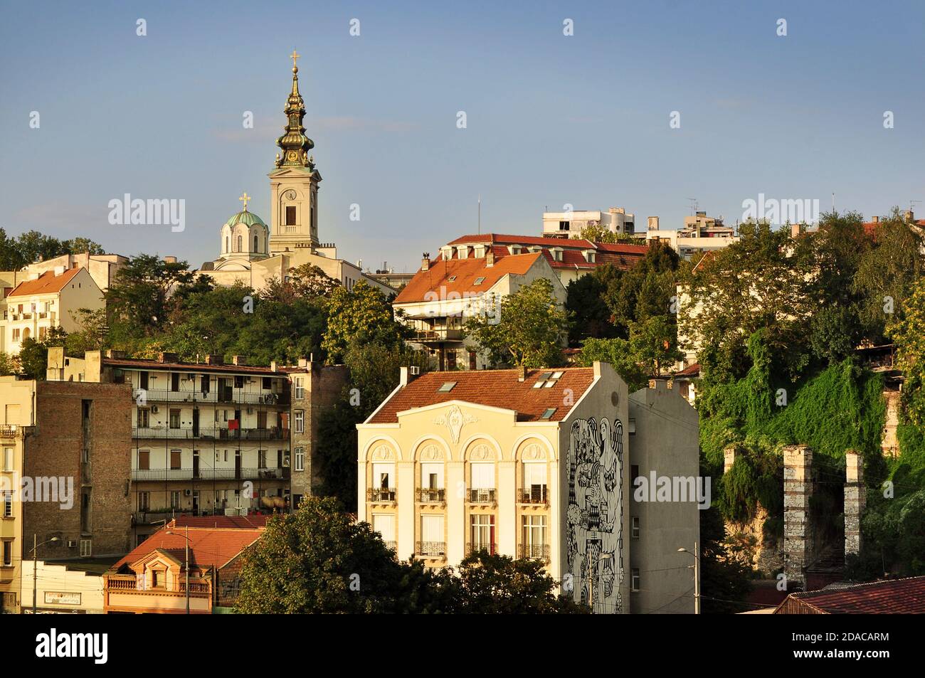 Vista del centro di Belgrado dalla riva del fiume, Belgrado, Serbia Foto Stock