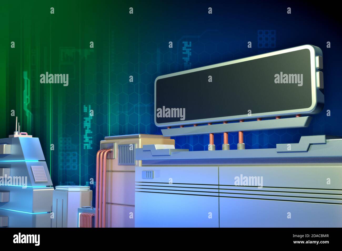 Affissioni in un paesaggio urbano futuristico. CopySpace disponibile per inserire il proprio testo. Illustrazione 3D. Foto Stock