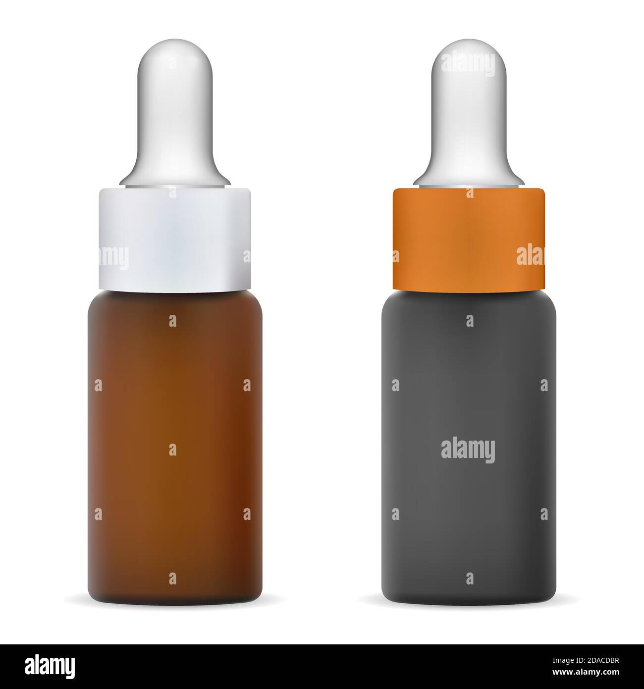 Flacone contagocce isolato. Mokup oculare cosmetico. Contenitore medico marrone con siero, bianco mockup vettoriale. Fiala nera con coperchio per pipette per collagene Illustrazione Vettoriale