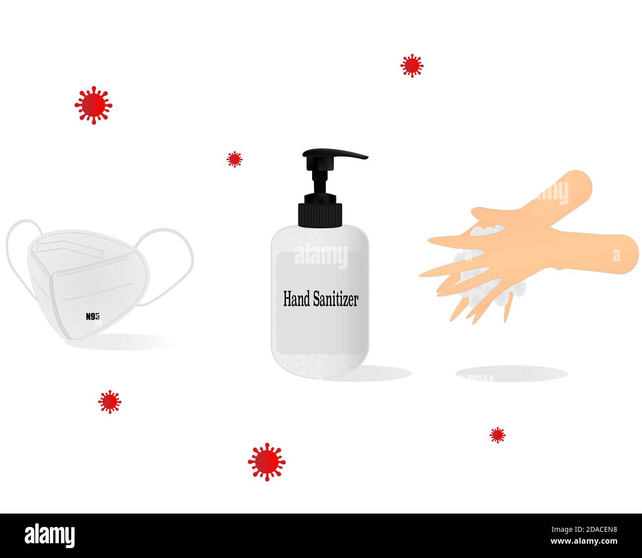 Disinfettante per le mani, maschera N95, lavando la mano con schiuma in corona rosso covid-19 sfondo Illustrazione Vettoriale