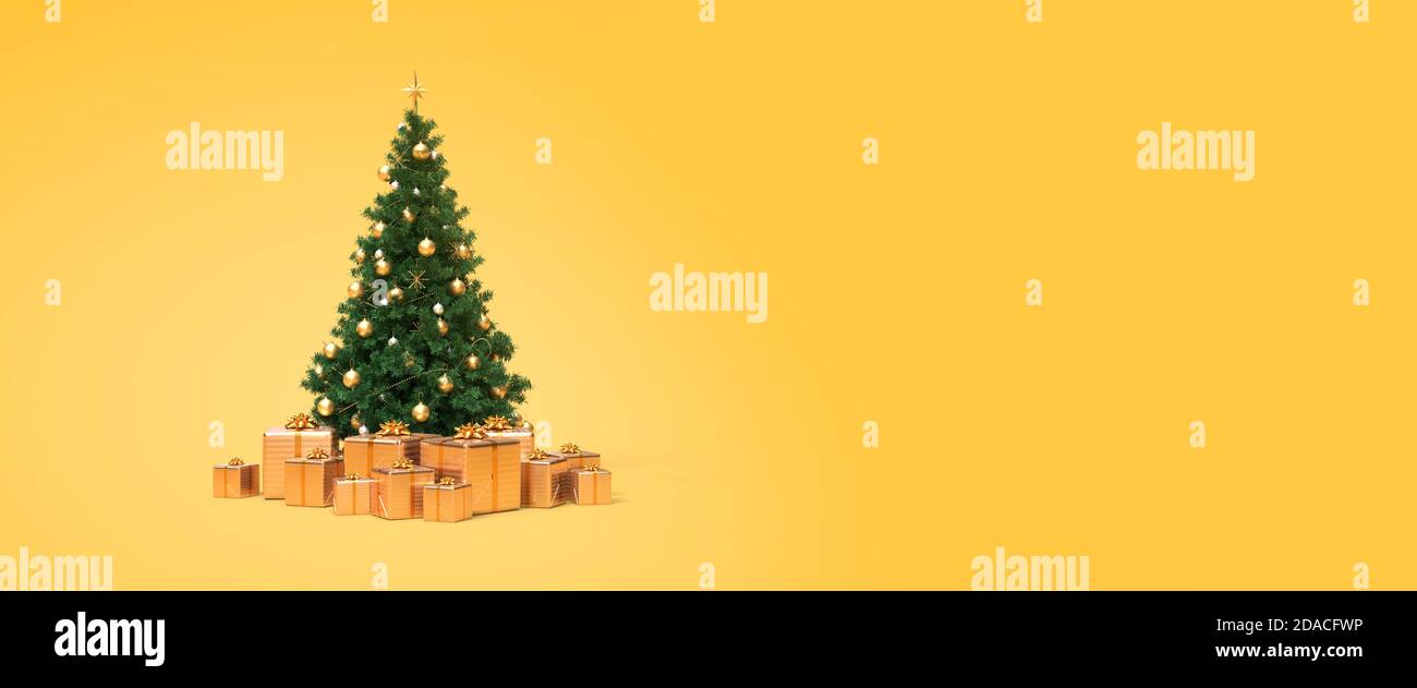 Albero di Natale con regali e ornamenti d'oro rendering 3D Foto Stock