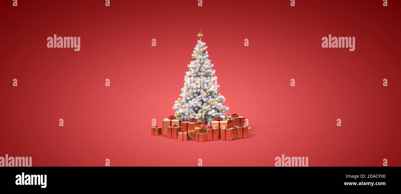 Albero di Natale con regali e ornamenti d'oro rendering 3D Foto Stock
