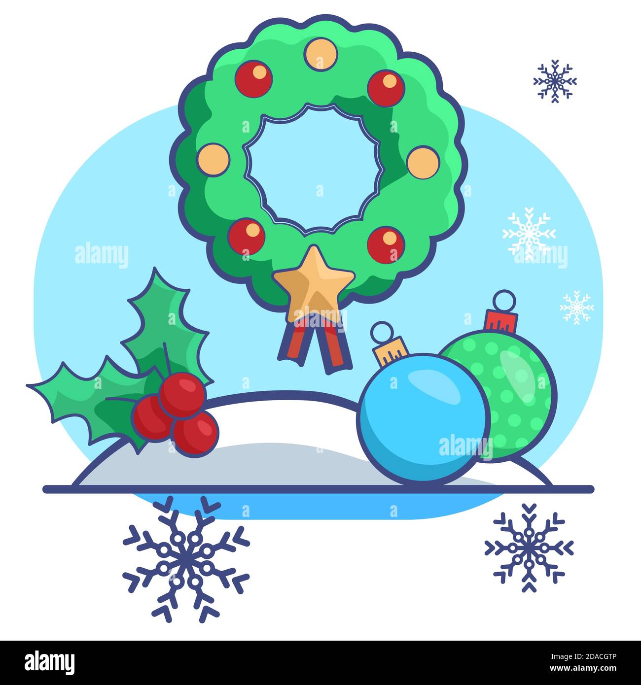 Corona di Holly su sfondo bianco isolato. Cartolina delle palle natalizie per un invito o un buono regalo, un taccuino, una tegola da bagno, un album. Custodia del telefono o c Illustrazione Vettoriale