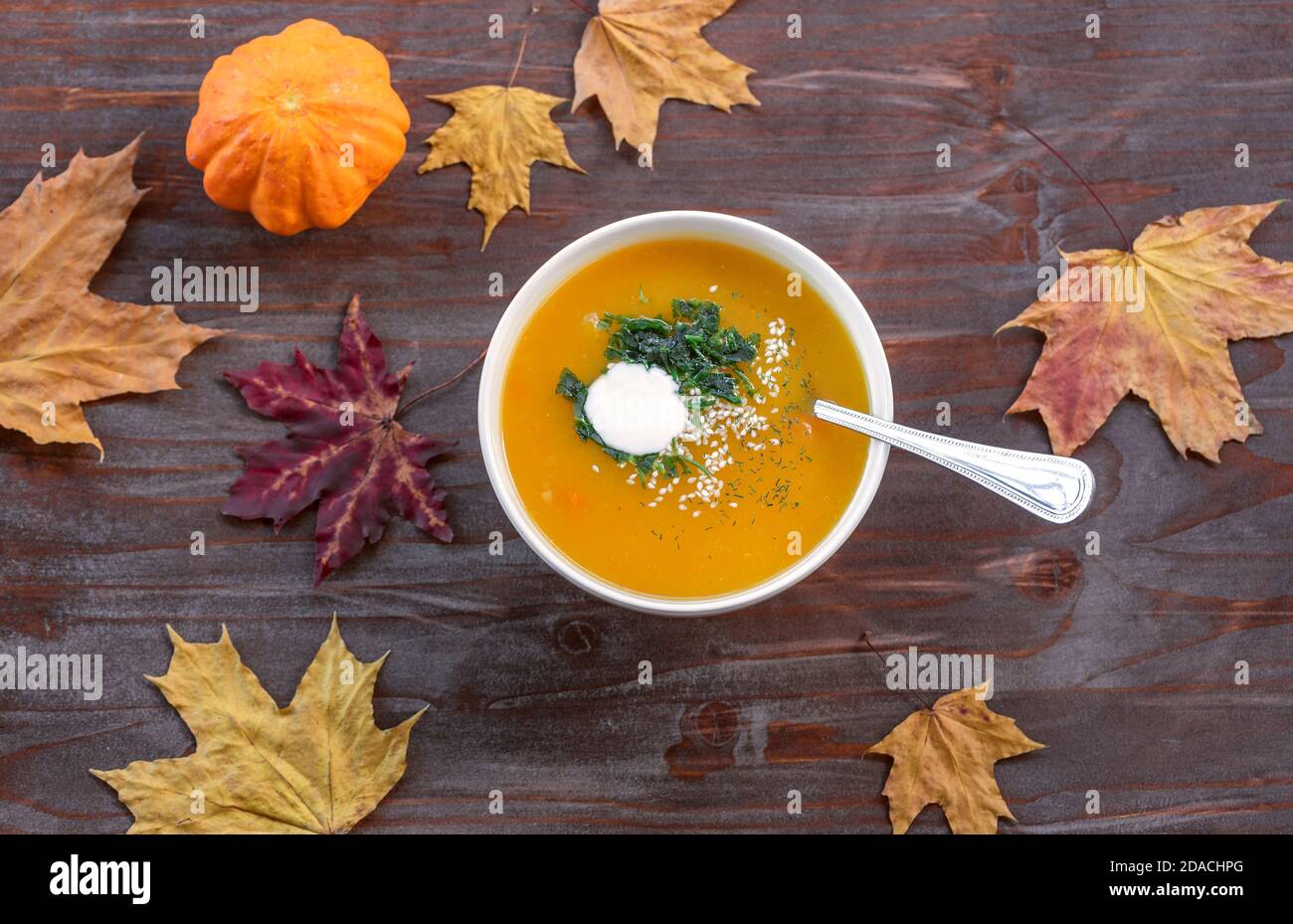 Vista dall'alto della ciotola bianca con zuppa di crema di zucca fatta in casa aromatizzata con yogurt, prezzemolo congelato e semi di sesamo su un rustico tavolo di legno Foto Stock