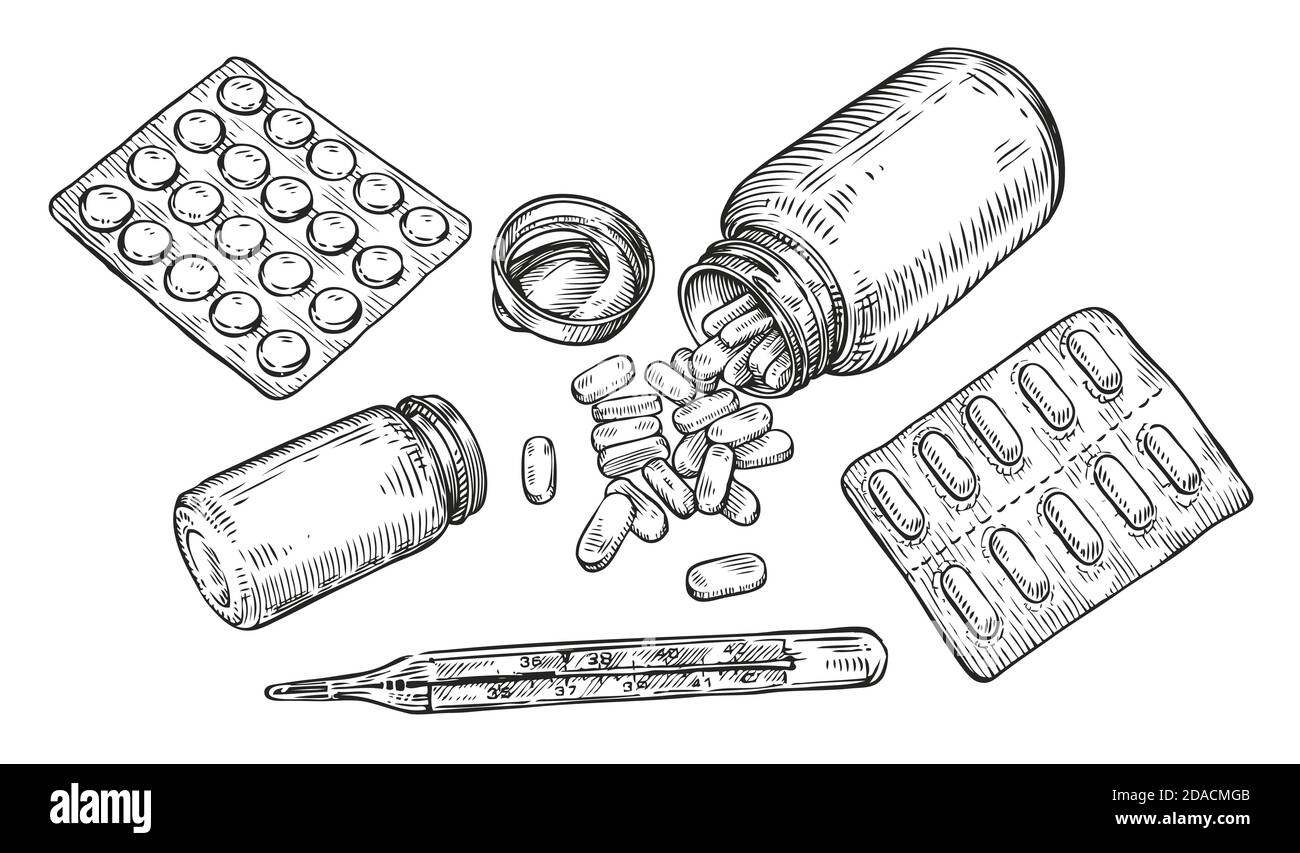 Pillole e tavolette schizzi. Farmaco, vettore di concetto di medicina Illustrazione Vettoriale