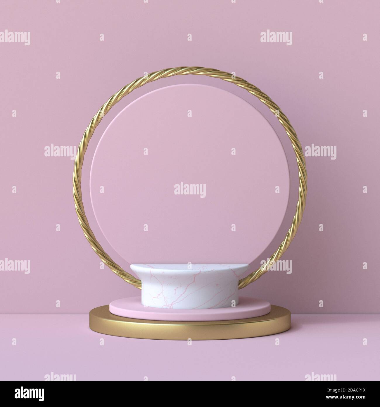Bock up podio per la presentazione del prodotto marmo e oro 3D rappresentazione dell'illustrazione su sfondo rosa Foto Stock