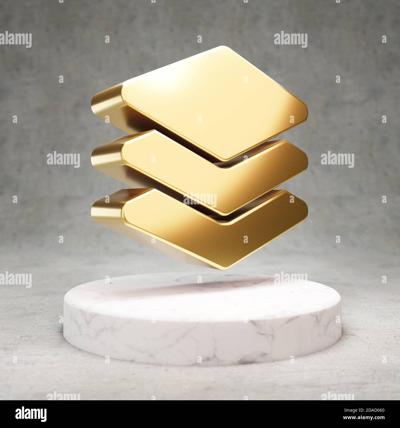 Icona Gruppo livelli. Gold Glossy Layer Group simbolo sul podio in marmo bianco. Icona moderna per sito Web, social media, presentazione, elemento modello di design. Rendering 3D. Foto Stock