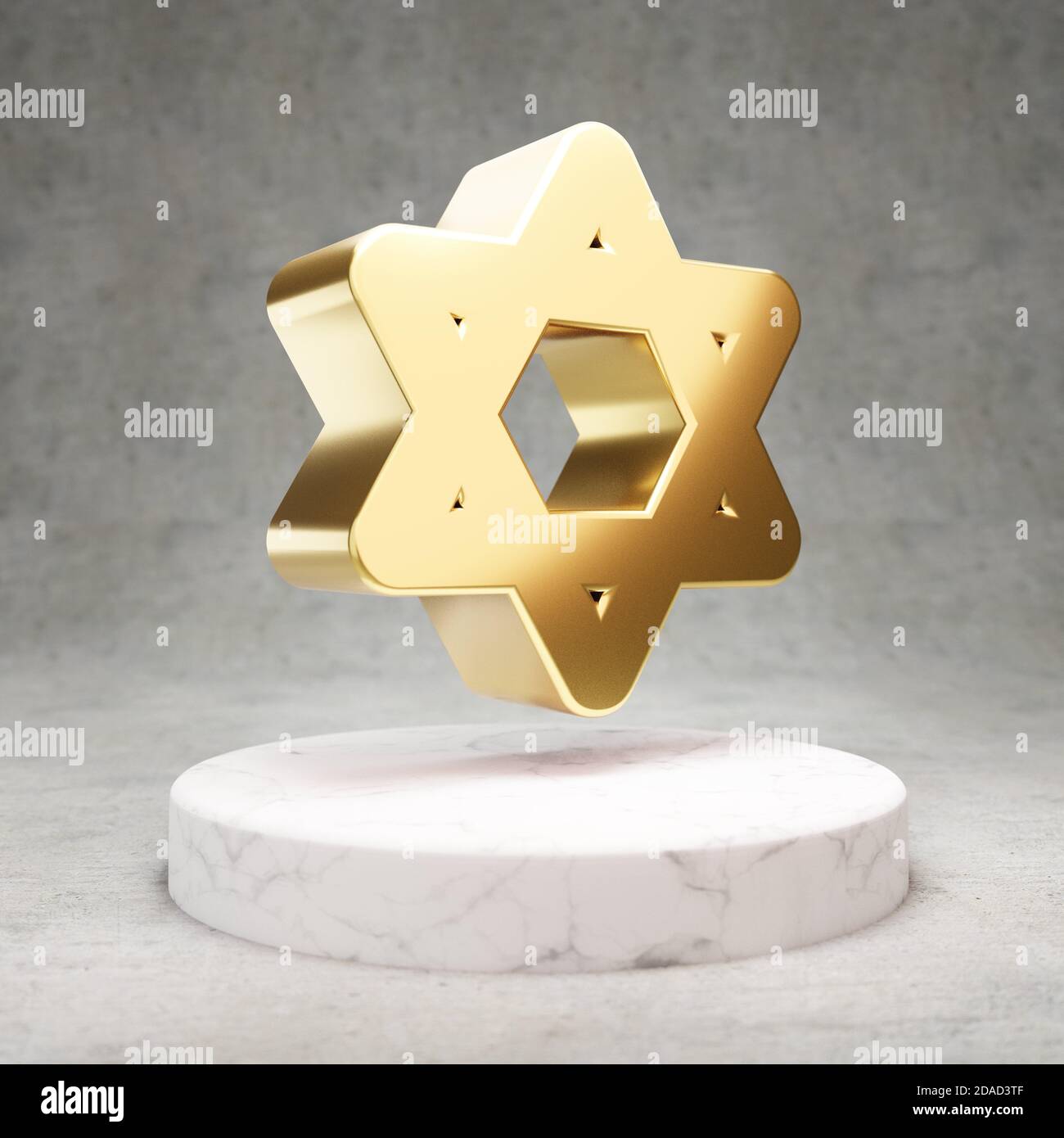 Icona stella di David. Simbolo Gold Glossy Star of David sul podio in marmo bianco. Icona moderna per sito Web, social media, presentazione, elemento modello di design. Rendering 3D. Foto Stock