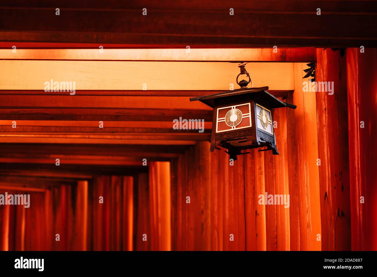 Bella decorazione lanterna su porte torii rosso arancio al Santuario Fushimi Inari Taisha a Kyoto, Giappone Foto Stock