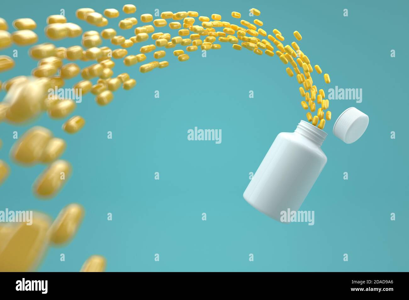 Illustrazione in 3D di pillole gialle con boccetta di plastica bianca su (tracciato di ritaglio o percorso di lavoro inclusi) Foto Stock