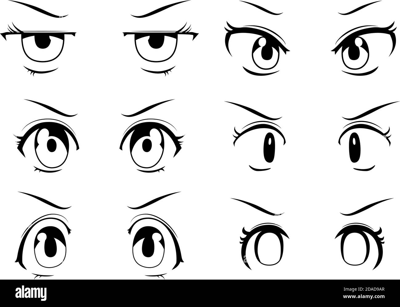 Questa è un'illustrazione di monocromo cute anime-stile occhi con uno sguardo arrabbiato Illustrazione Vettoriale
