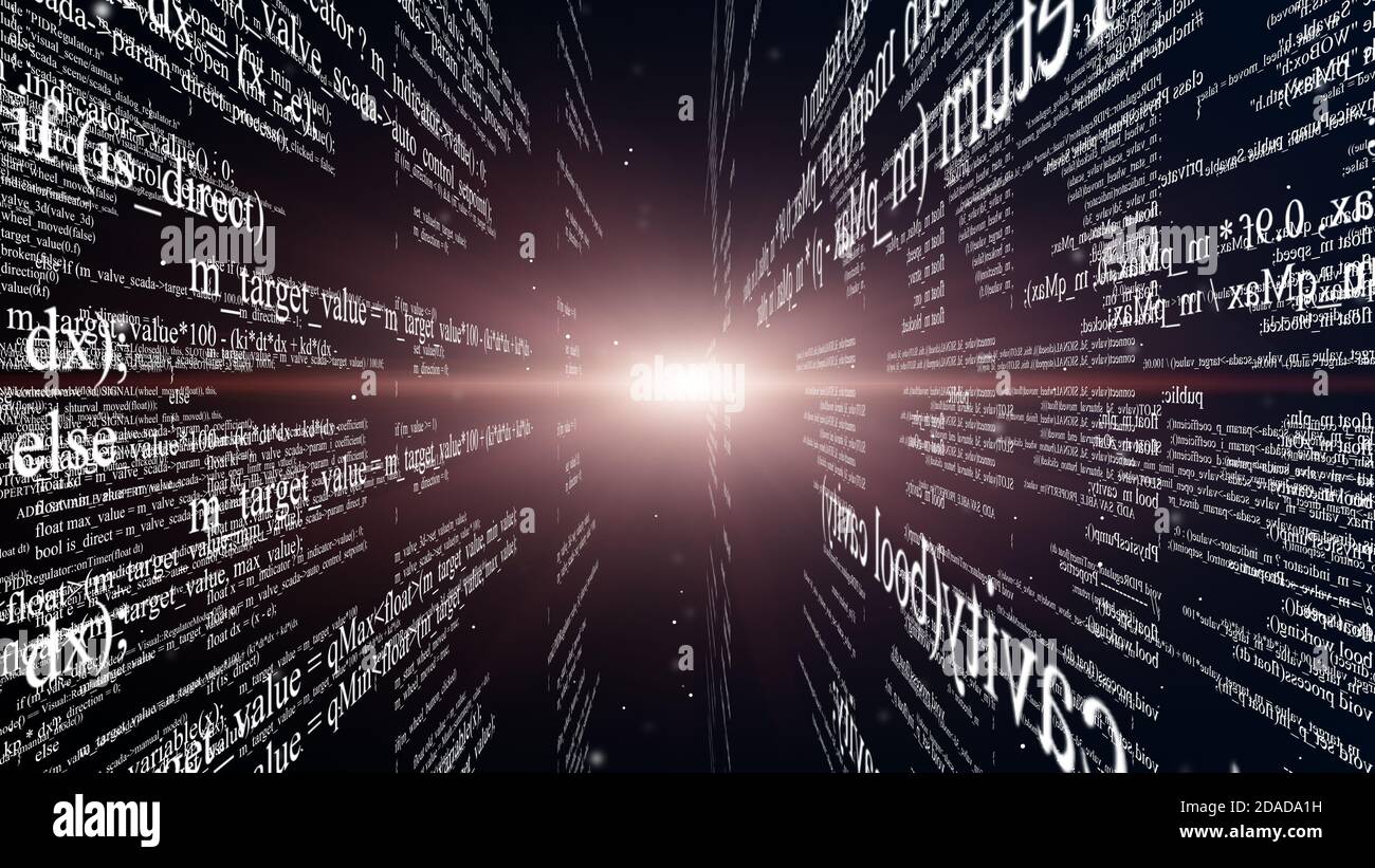 Codice di programma digitale astratto in blocchi su sfondo nero Foto Stock