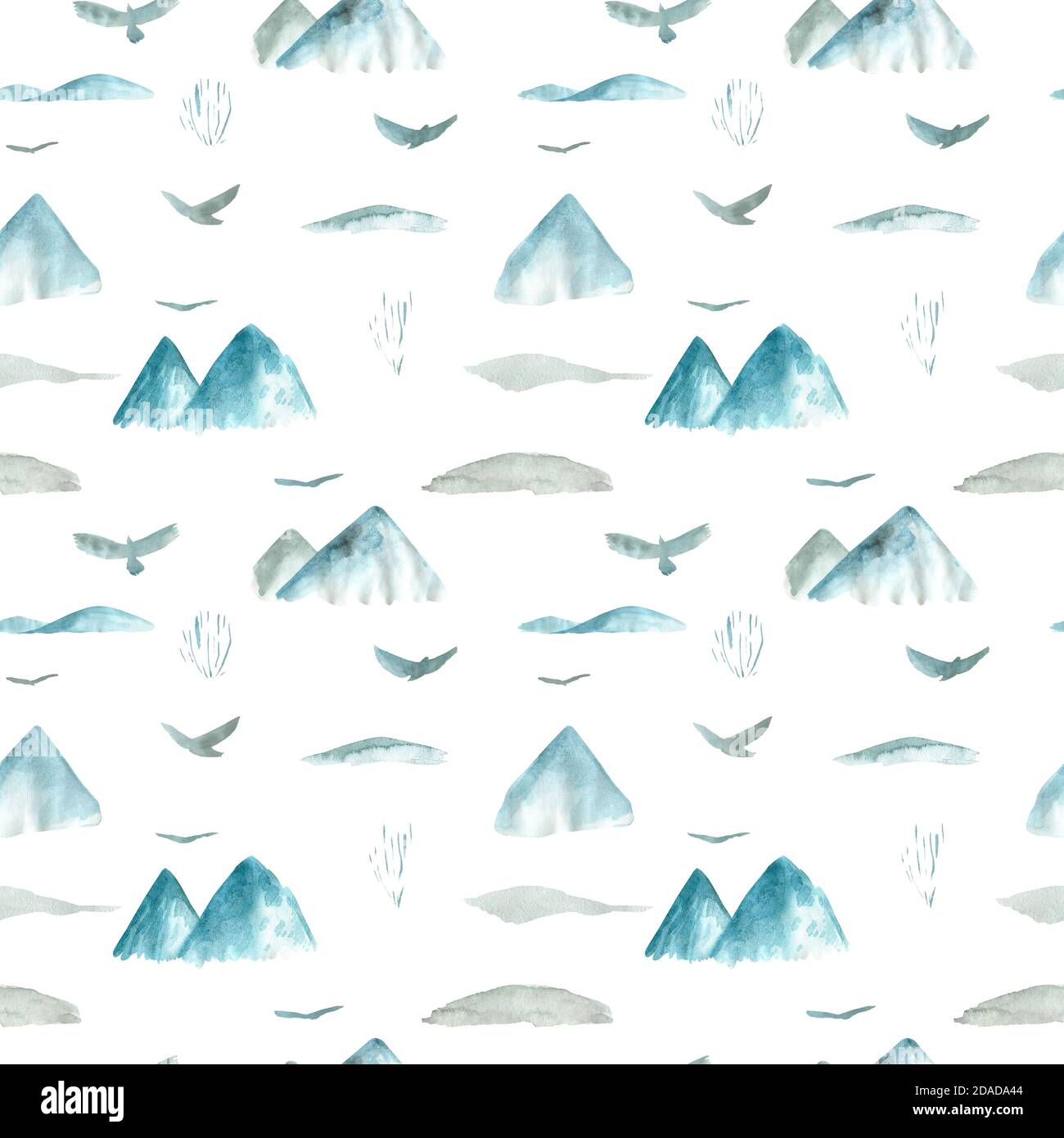 Senza cuciture modello paesaggio nebbie montagne uccelli natura. Acquerello dipinto a mano su sfondo bianco Foto Stock