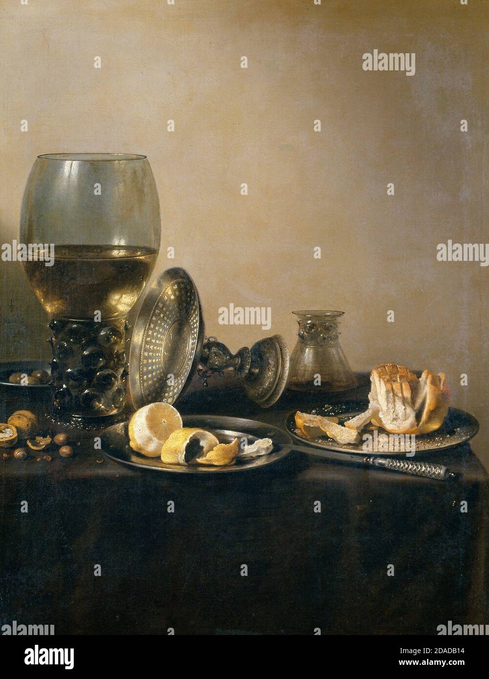 Still Life with Romer, Silver Tazza and Bread Roll - Pieter Claesz, 1637 Foto Stock