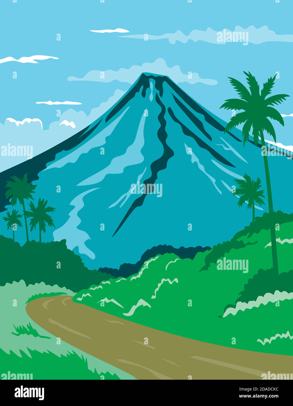 WPA poster art del vulcano Mayon o Monte Mayon, uno stratovulcano sacro e attivo nella provincia di Albay in Bicolo, Filippine fatto in progetto di opere Illustrazione Vettoriale