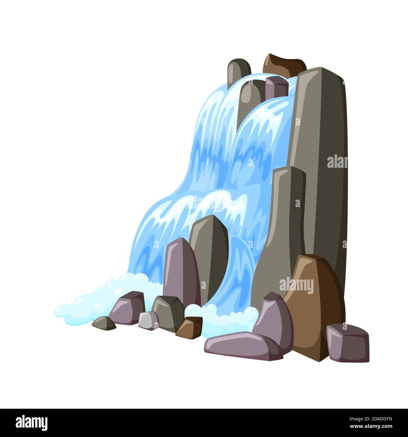 Cascata cascata in rocce. Spruzzi d'acqua con schiuma. Illustrazione vettoriale del fiume che cade in stile cartone animato Illustrazione Vettoriale