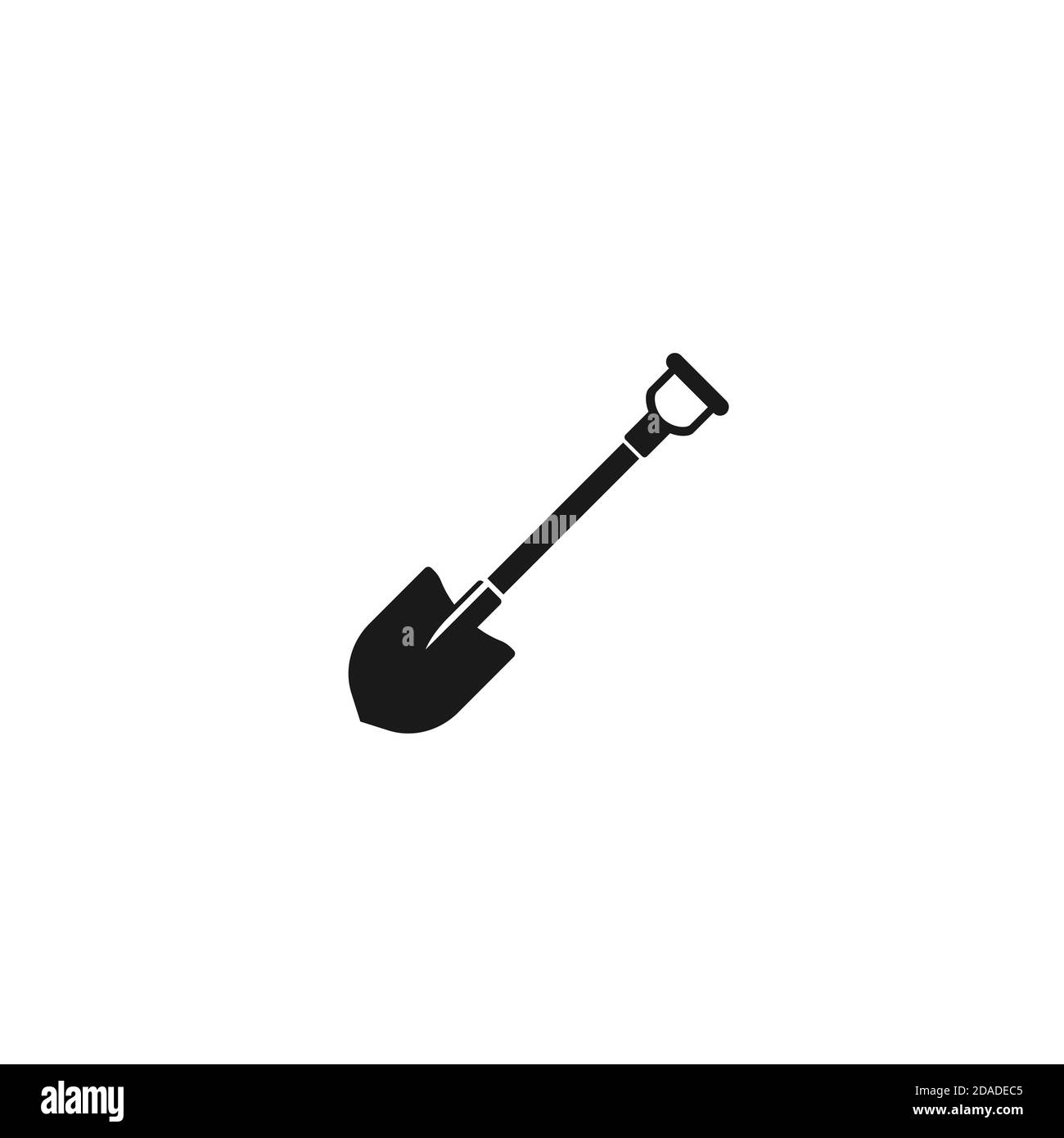 Icona dell'escavatore nero isolata su bianco. Attrezzo di giardinaggio e di agricoltura. Simbolo di scavo, manutenzione, costruzione. Illustrazione piatta del vettore a spade. Illustrazione Vettoriale