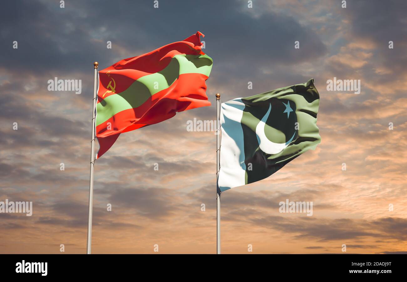 Belle bandiere nazionali di Transnistria e Pakistan insieme sullo sfondo del cielo. Concetto di grafica 3D. Foto Stock