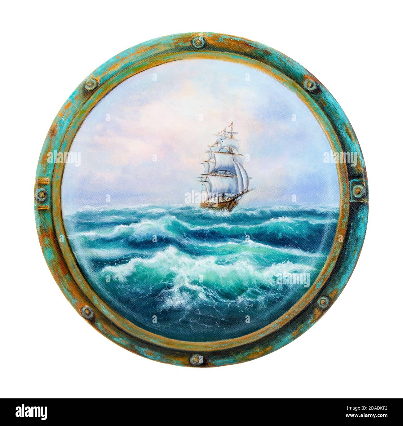 Dipinto ad olio originale che mostra la nave in un oceano o in un mare tempestoso Vista dalla finestra cabina o oblò su tela.isolato su bianco Background.Modern Impress Foto Stock