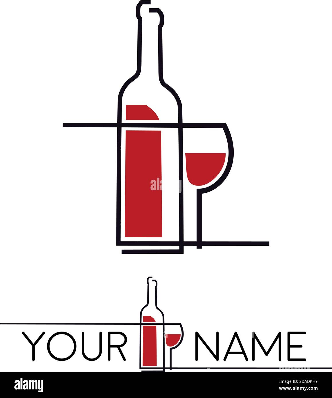Vettore semplice segno vino in vetro e bottle, linea spezzata in rosso e nero Illustrazione Vettoriale
