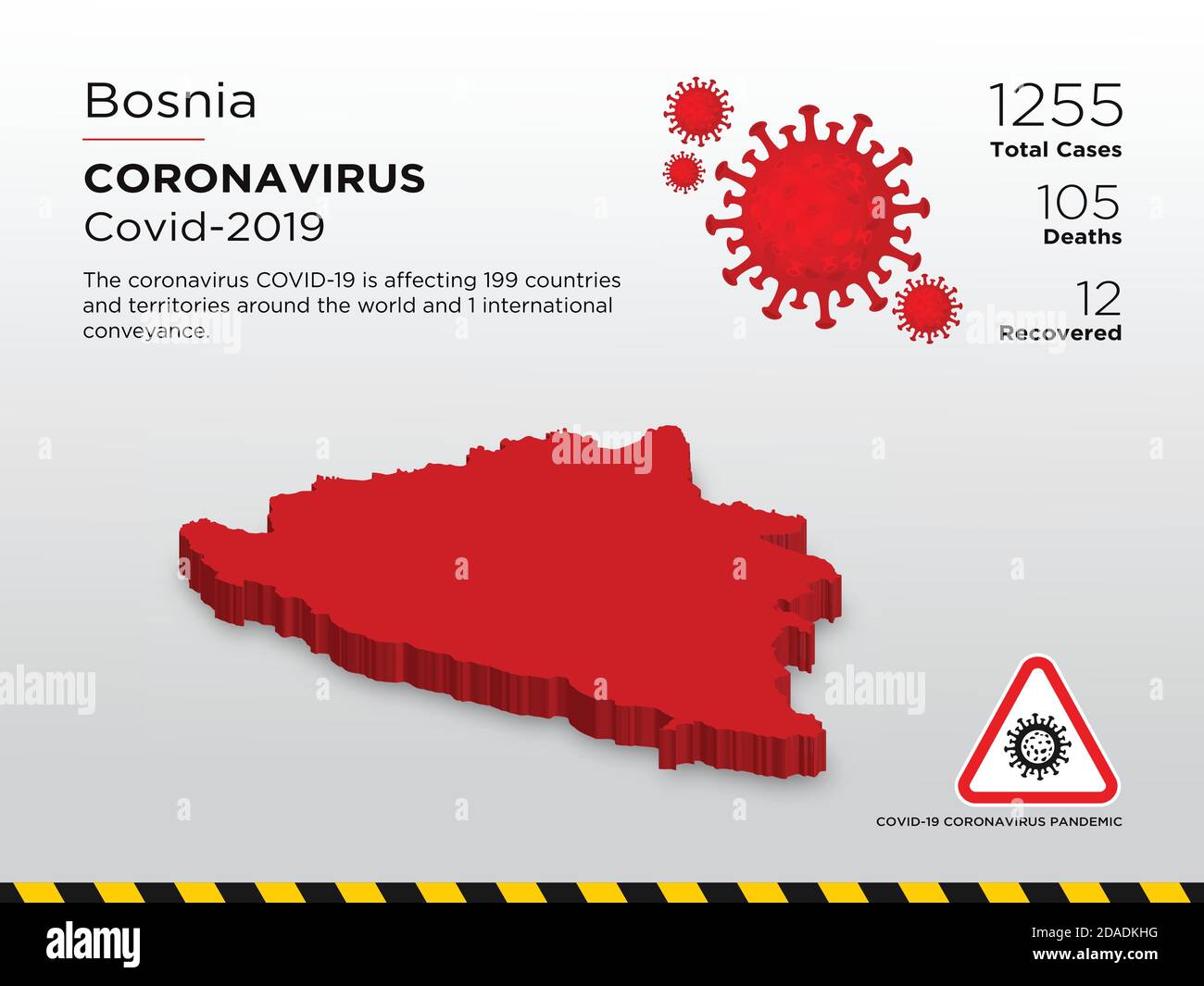 Bosnia Paese interessato Mappa 3D del modello di progettazione della malattia di Coronavirus Illustrazione Vettoriale