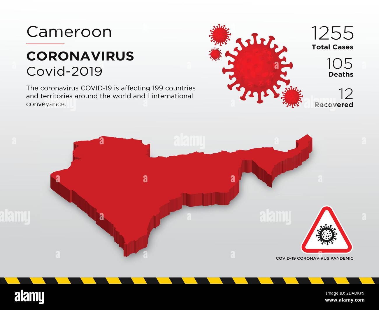 Camerun Paese colpito Mappa 3D del modello di progettazione della malattia di Coronavirus Illustrazione Vettoriale