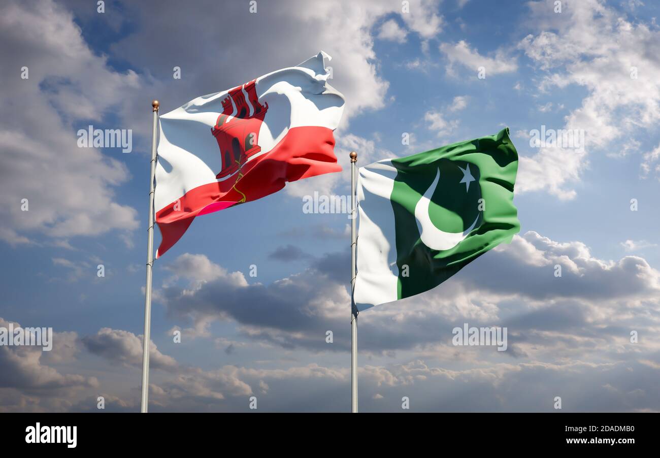 Belle bandiere di stato nazionale di Gibilterra e Pakistan insieme sullo sfondo del cielo. Concetto di grafica 3D. Foto Stock