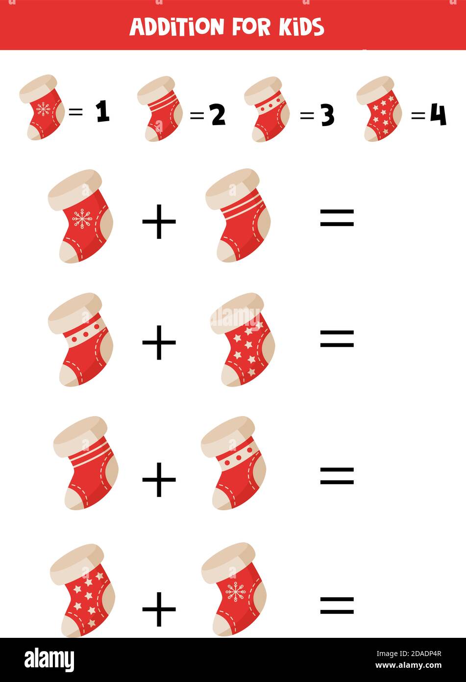 Aggiunta di calze di Natale per i bambini. Gioco di matematica. Illustrazione Vettoriale