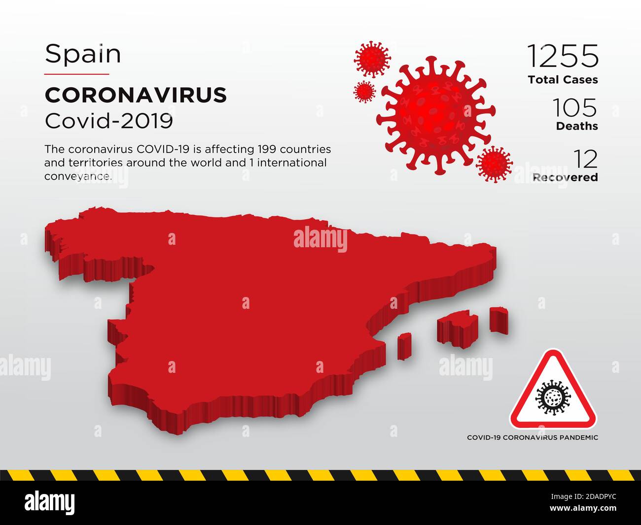 Spagna Spagna Paese colpito Mappa 3D del disegno della malattia di Coronavirus Modello Illustrazione Vettoriale