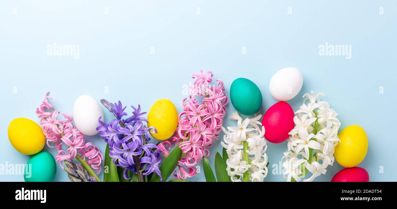 Composizione pasquale. Uova di pasqua multicolore e giacinti su sfondo blu. Concetto di Pasqua. Spazio di copia - immagine Foto Stock