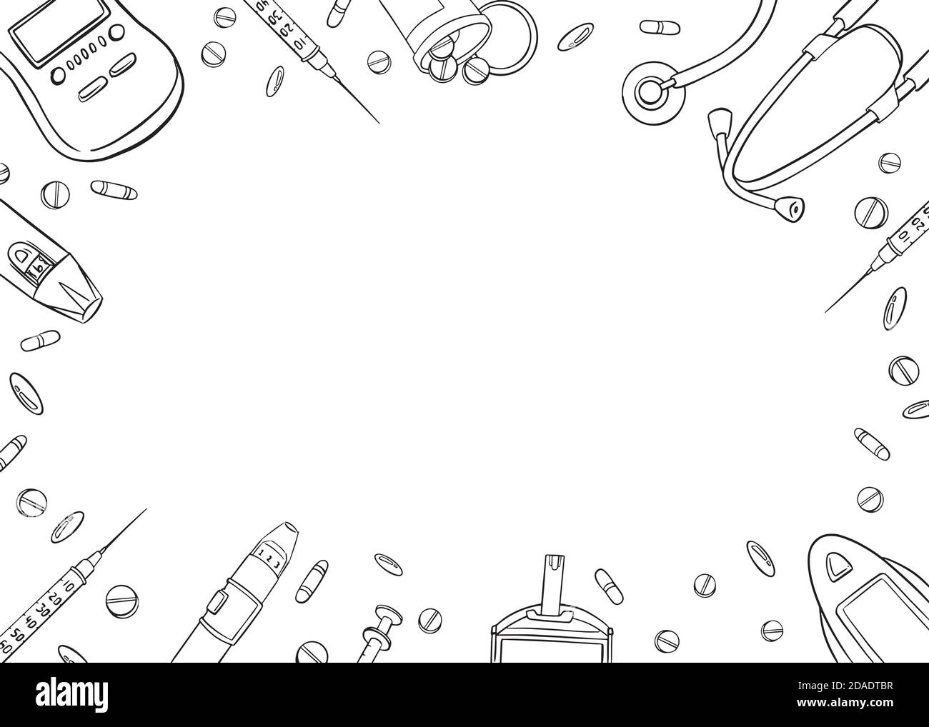 Modello di doodle piatto per il concetto di diabete. Illustrazione vettoriale in bianco e nero, vista dall'alto Illustrazione Vettoriale
