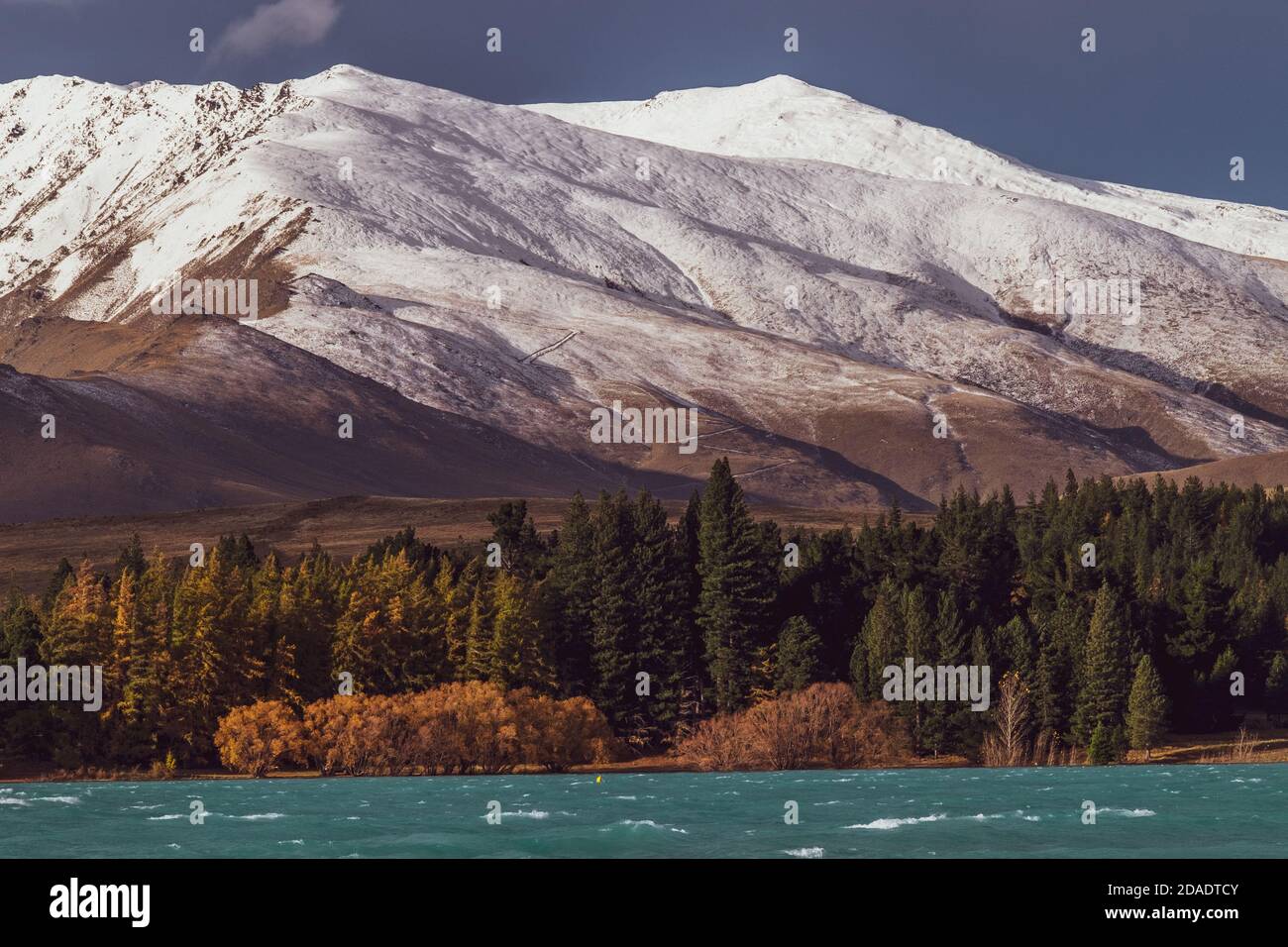 Luogo montano e lacustre del Parco Regionale Tekapo con il Monte Edoardo nel terreno posteriore vicino Tekapo nel paese di McKenzie High della Nuova Zelanda. Foto Stock