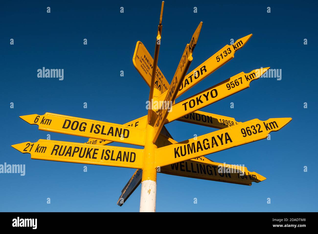 Stirling Point, l'ultimo alla fine dell'Isola del Sud della Nuova Zelanda, appena fuori dalla città marina di Bluff. Foto Stock