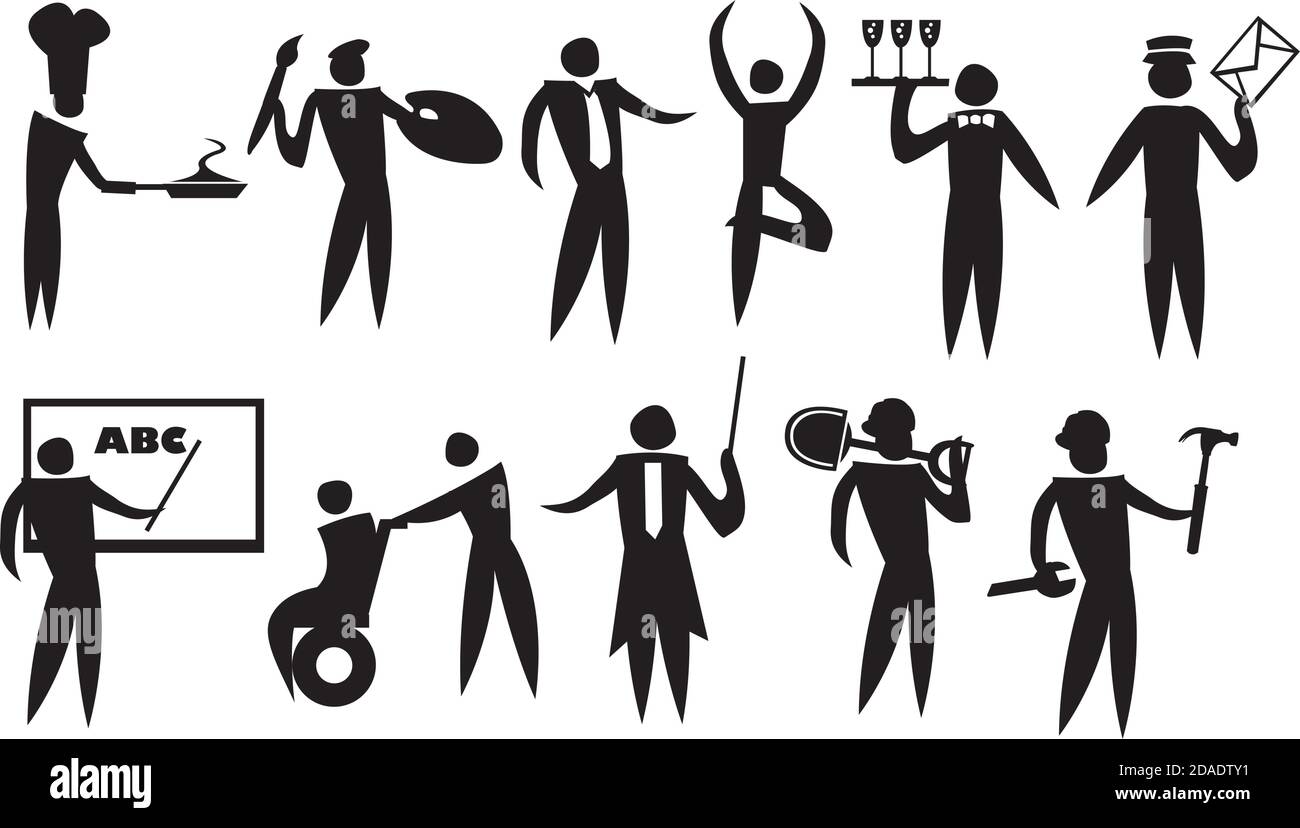 Illustrazione vettoriale di icona uomo in diversi lavori e professionisti. Set di icone isolate in bianco e nero. Illustrazione Vettoriale
