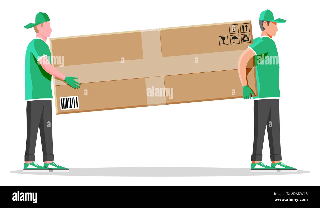 Due lavoratori mover uomo che tiene e trasporta scatola di cartone. Il carattere del corriere tiene il pacco nelle mani. Scatola di imballaggio per la consegna in cartone con segni fragili. Spedizione gratuita e rapida. Illustrazione vettoriale piatta Illustrazione Vettoriale