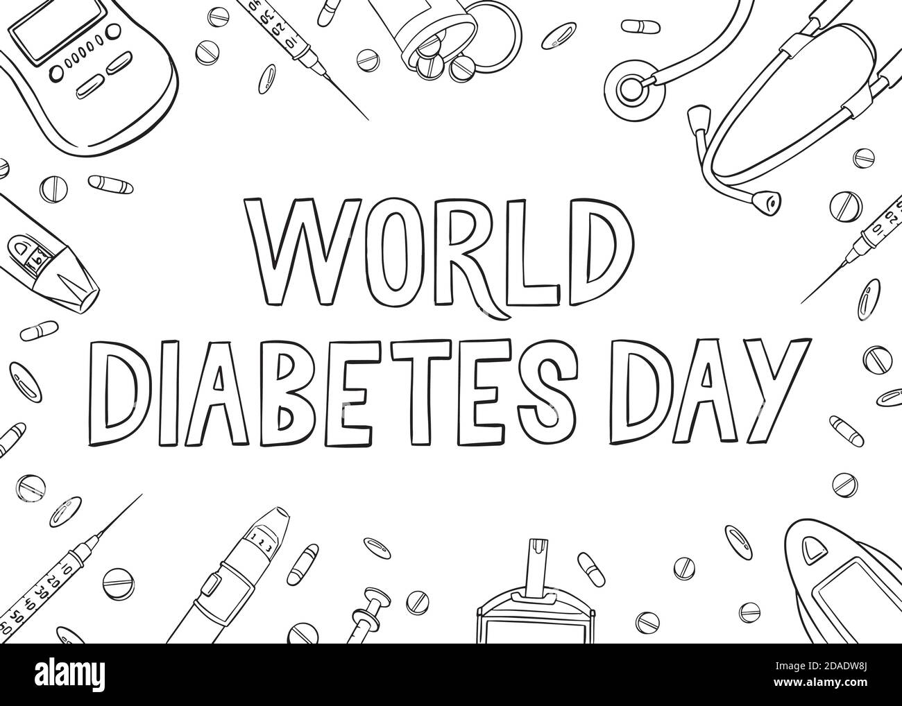 Mondo Diabetes Day piatto Lay doodle concetto. Illustrazione vettoriale in bianco e nero, vista dall'alto Illustrazione Vettoriale