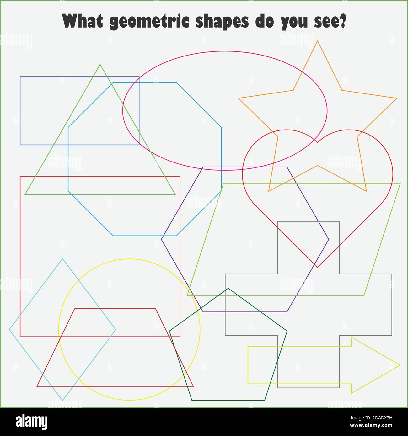 Trova oggetti nascosti sulla foto, diverse forme geometriche colorate, set di contorni mishmash, divertente gioco educativo per i bambini, attività prescolare per Illustrazione Vettoriale