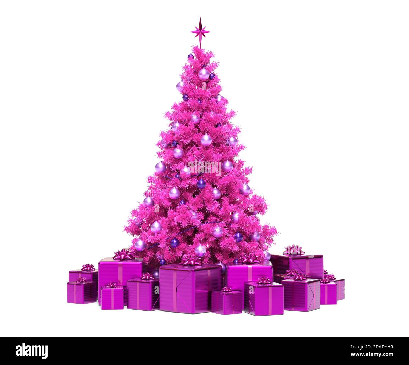 Albero di natale rosa con regali su sfondo bianco rendering 3D Foto Stock