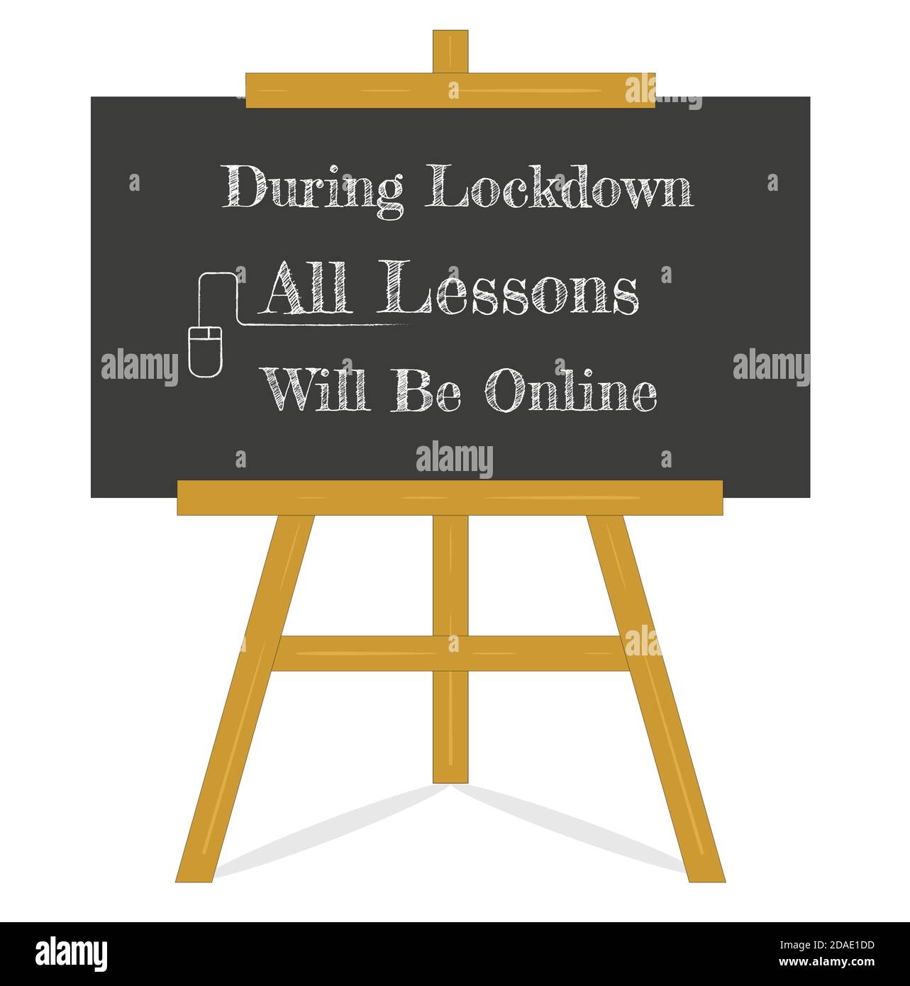 Durante il lockdown tutte le lezioni saranno online Blackboard su un cavalletto di legno, lavagna nera su un vecchio stile di legno cavalletto isolato su sfondo bianco. Illustrazione Vettoriale