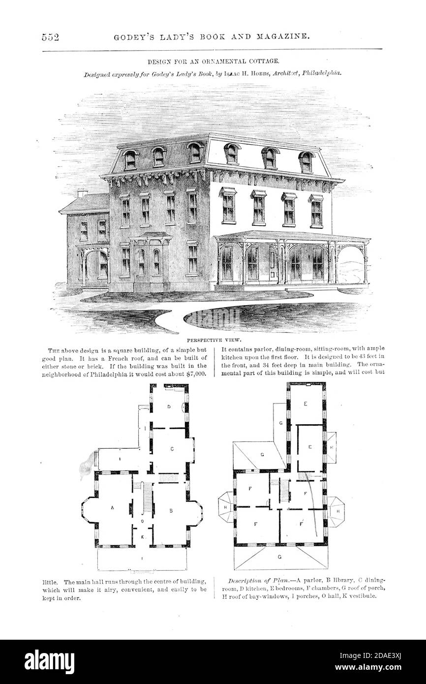 Design for an Ornamental Cottage from Godey's Lady's Book and Magazine, December, 1864, Volume LXIX, (Volume 69), Philadelphia, Louis A. Godey, Sarah Josepha Hale, Foto Stock