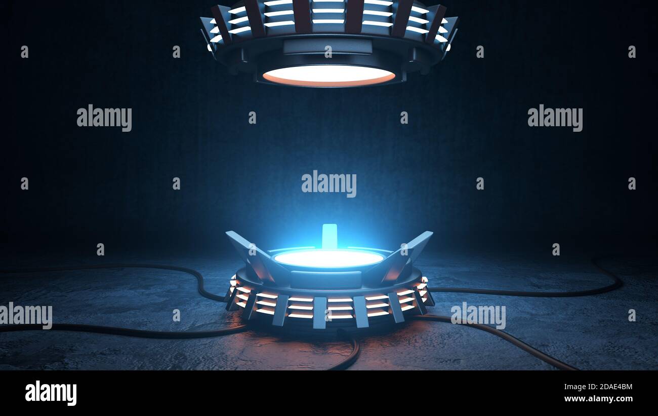 Prodotto piedistallo design techno mockup. Podio vuoto e luminoso, palco di illustrazione 3D con faretti per la pubblicità dei prodotti. Foto Stock